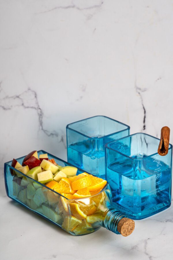 Stylish Serving platter from upcycled bottle and 2 glasses  - Blue